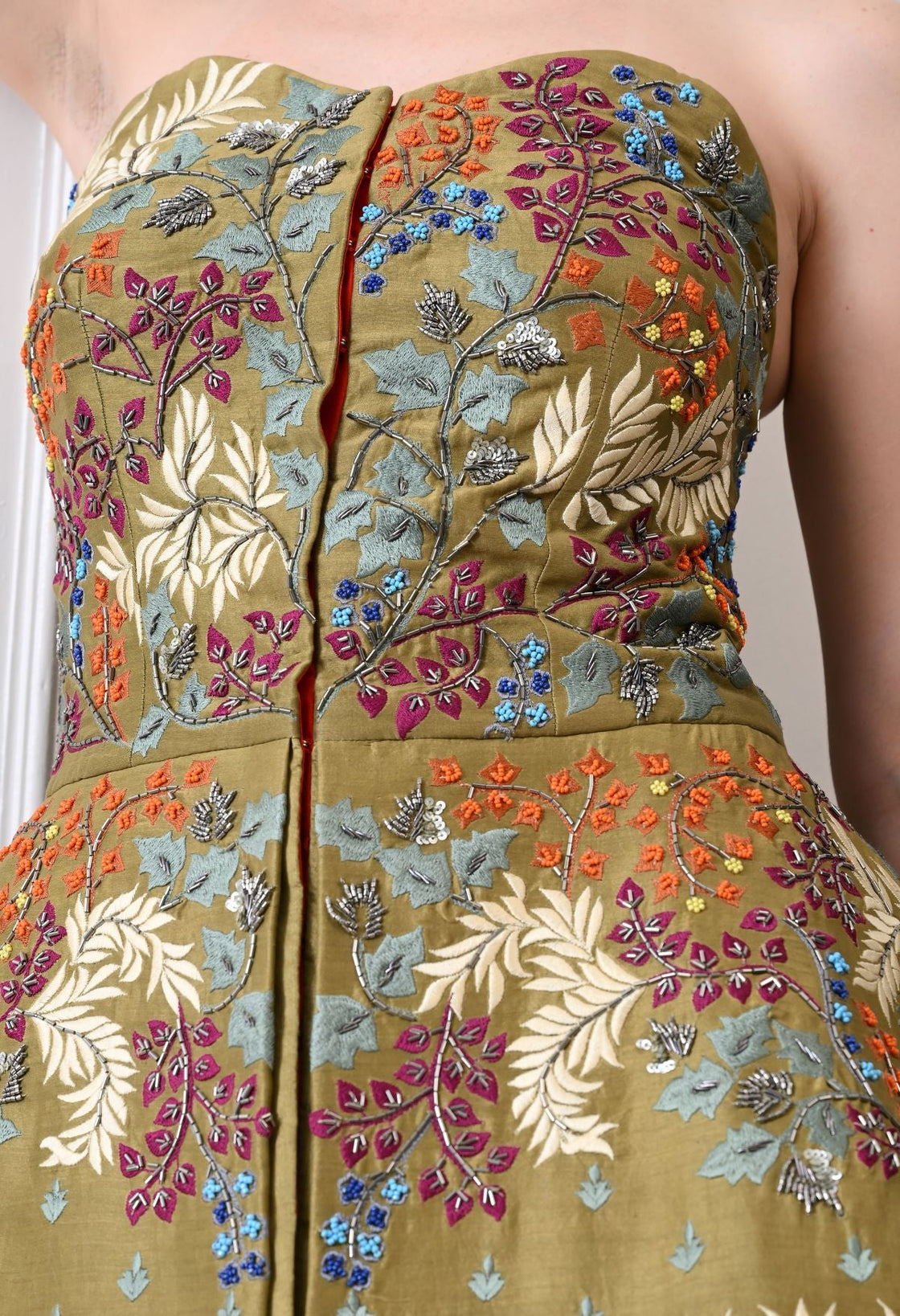 Stunning olive strapless top with all - over floral embroidery - samantchauhan Apparel & Accessories