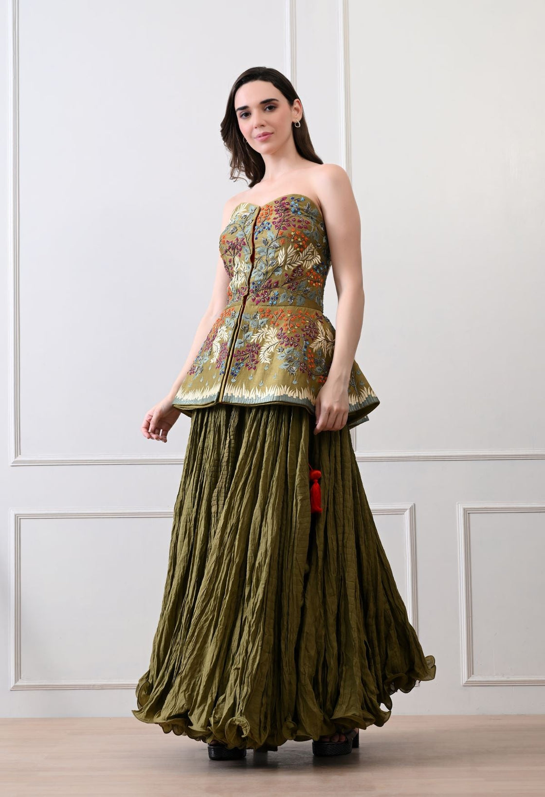 Stunning olive strapless top with all - over floral embroidery - samantchauhan Apparel & Accessories