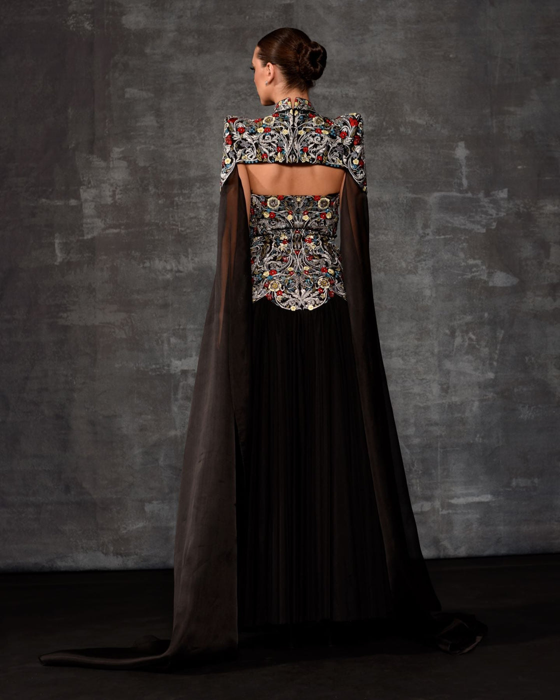 The 'Regal Tapestry' Embroidered Gown with Detachable Cape - samantchauhan Apparel & Accessories