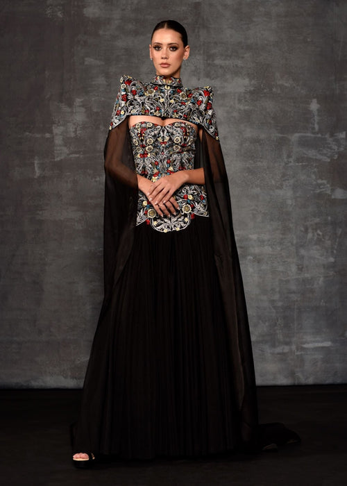 The 'Regal Tapestry' Embroidered Gown with Detachable Cape - samantchauhan Apparel & Accessories