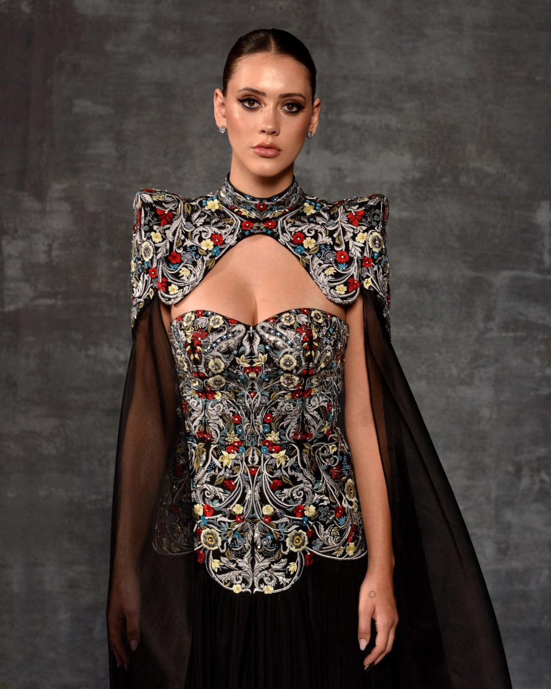The 'Regal Tapestry' Embroidered Gown with Detachable Cape - samantchauhan Apparel & Accessories