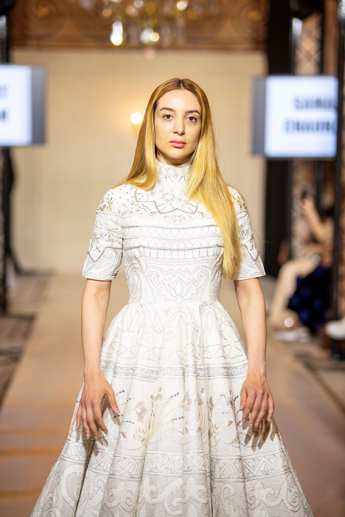this high - neck gown features half sleeves and intricate threadwork - samantchauhan Apparel & Accessories