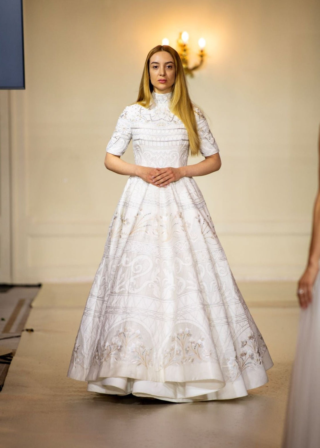 this high - neck gown features half sleeves and intricate threadwork - samantchauhan Apparel & Accessories
