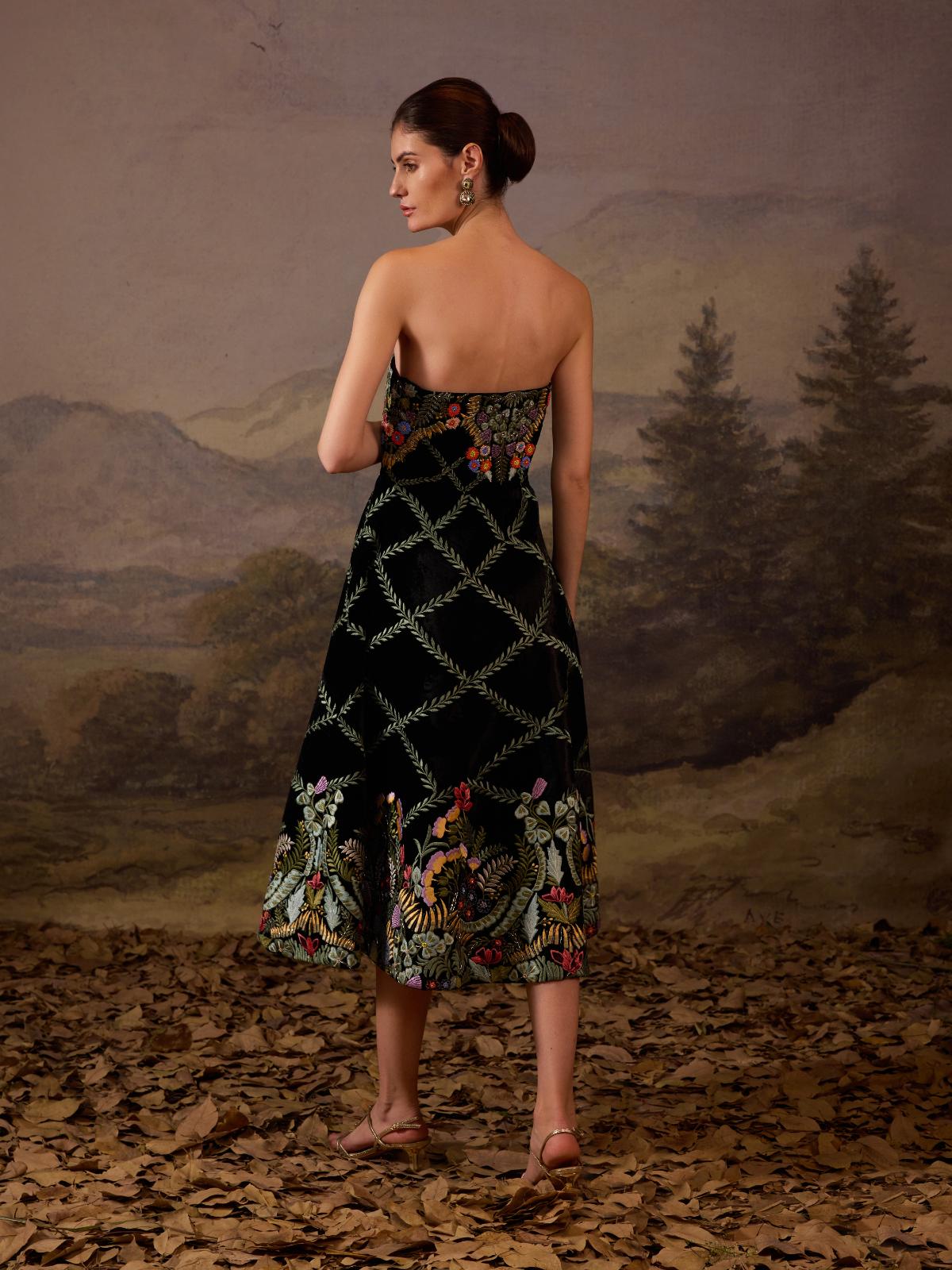 This strapless black midi dress features intricate floral embroidery - samantchauhan Apparel & Accessories