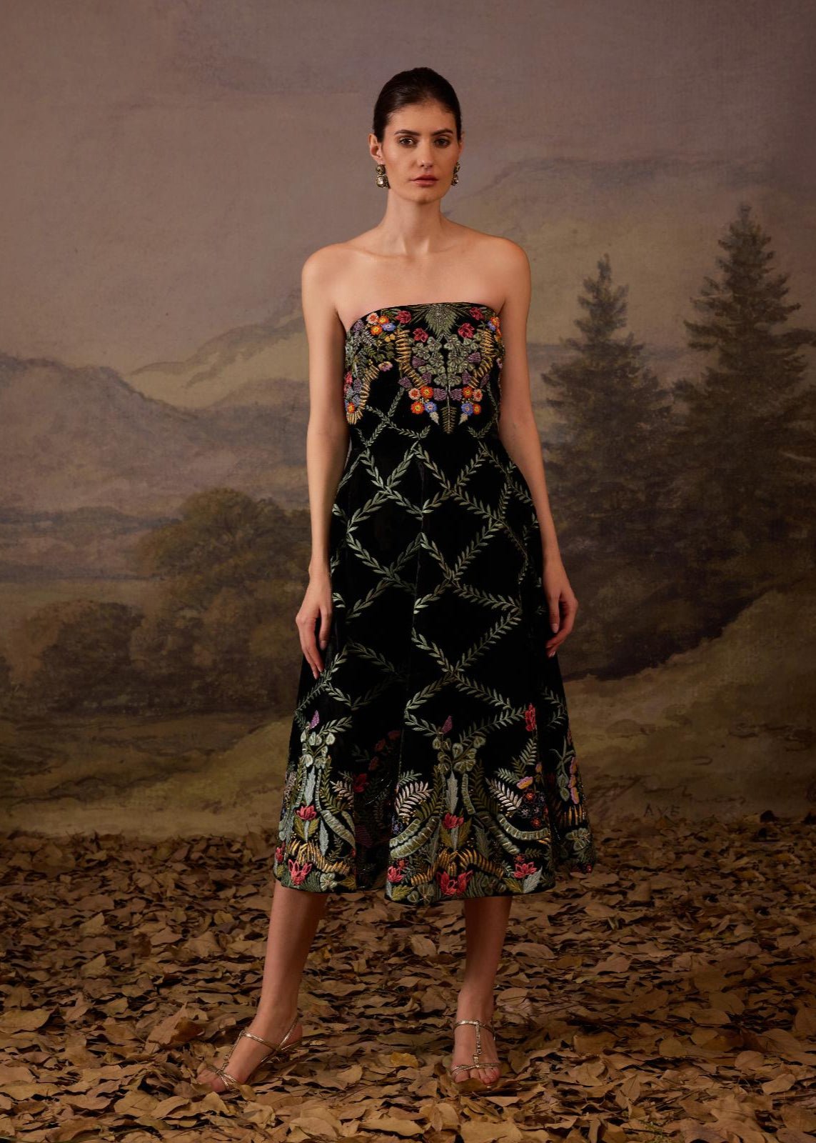 This strapless black midi dress features intricate floral embroidery - samantchauhan Apparel & Accessories