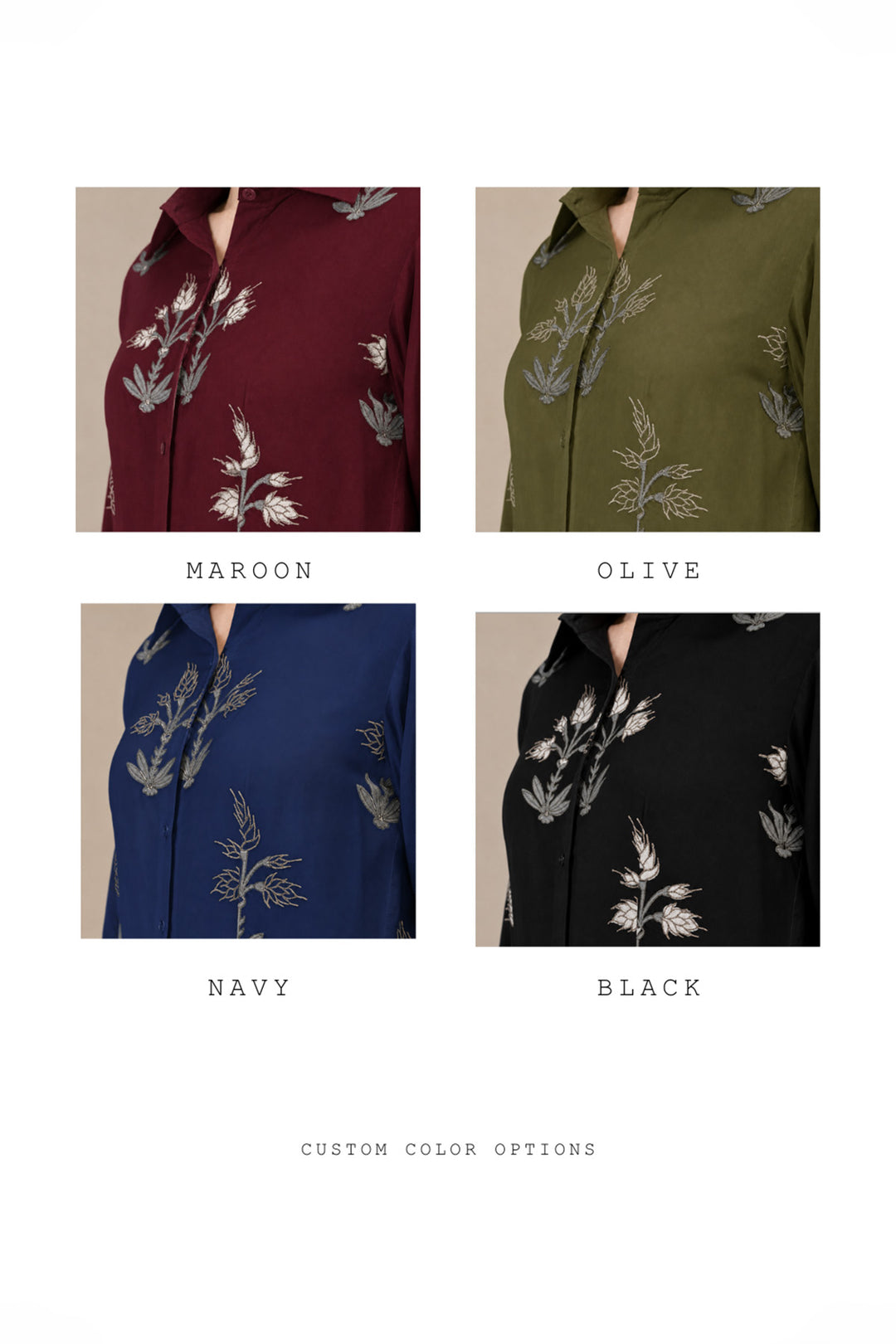 Ivory shirt dress adorned with delicate botanical prints, featuring a structured collar and cascading tiered silhouette.