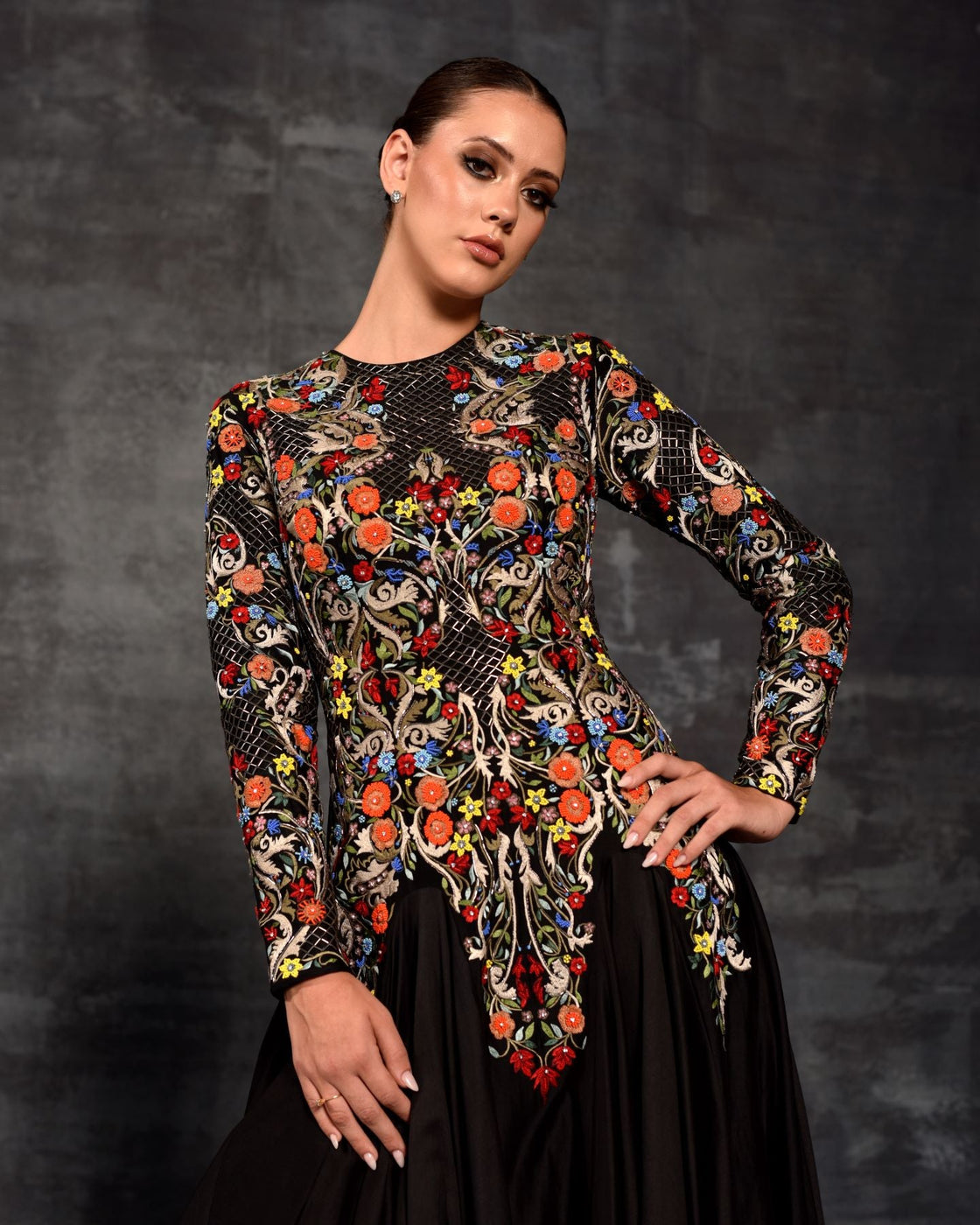 Vibrant Floral Embroidered Black Gown - samantchauhan Apparel & Accessories