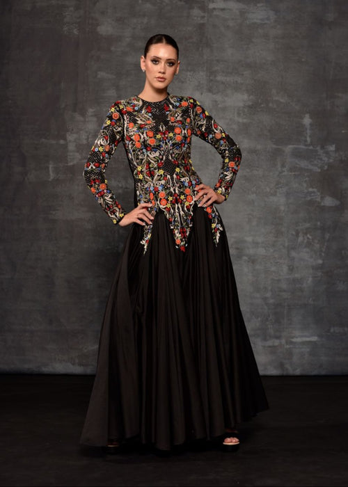 Vibrant Floral Embroidered Black Gown - samantchauhan Apparel & Accessories