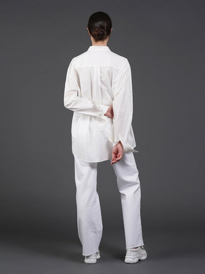 White cotton shirt showcasing abstract digital print in the front. - samantchauhan