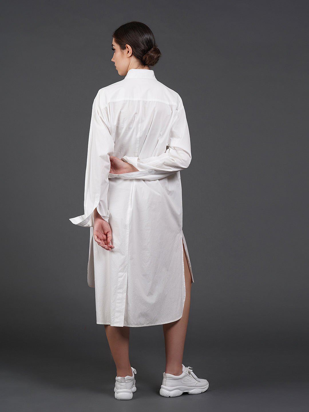 White, stylish, long,lose - fit, cotton shirt with digital print on it - samantchauhan