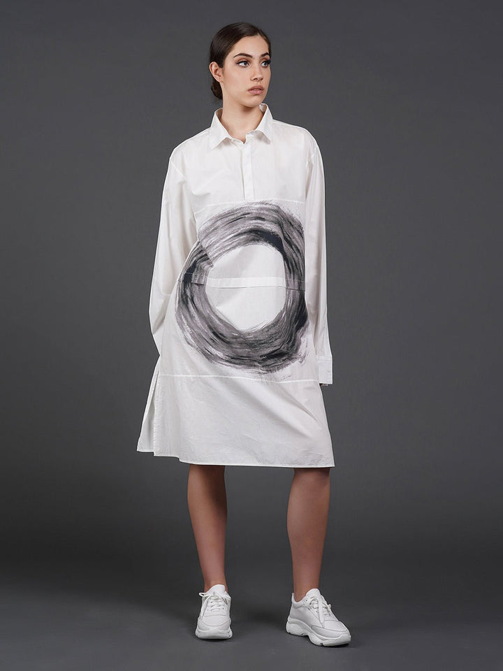 White, stylish, long,lose - fit, cotton shirt with digital print on it - samantchauhan