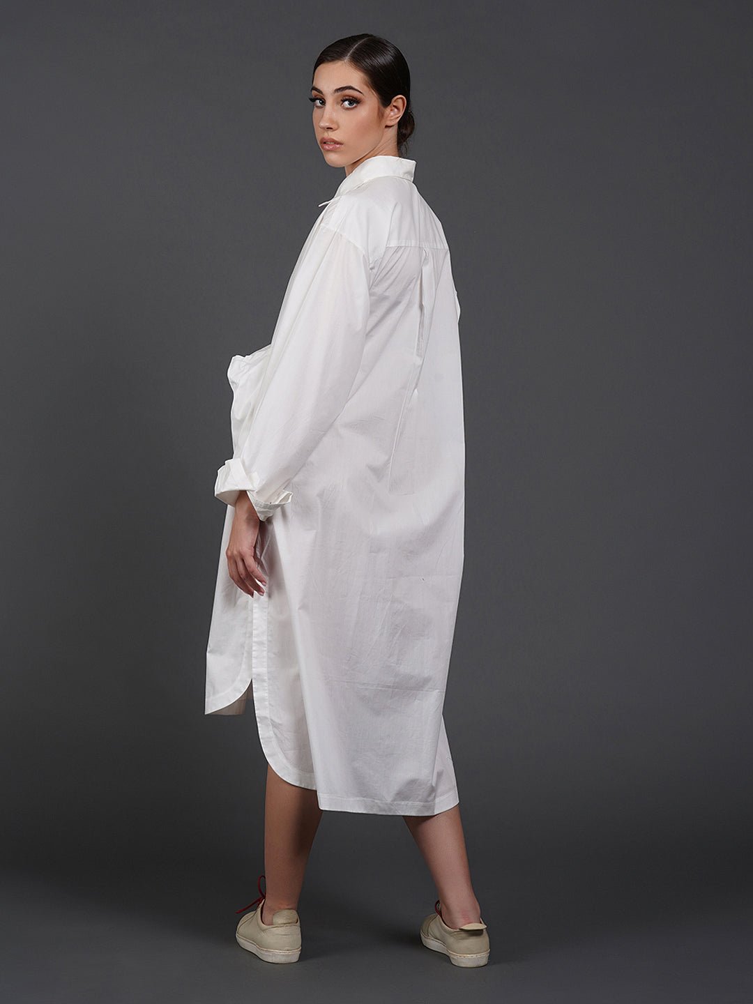 White, stylish, long,lose - fit, cotton shirt with digital print on it - samantchauhan