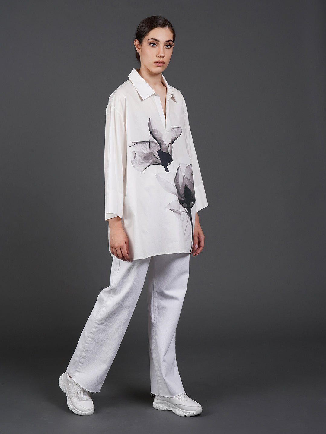 White, stylish, loose - fit, cotton shirt with digital print on it - samantchauhan