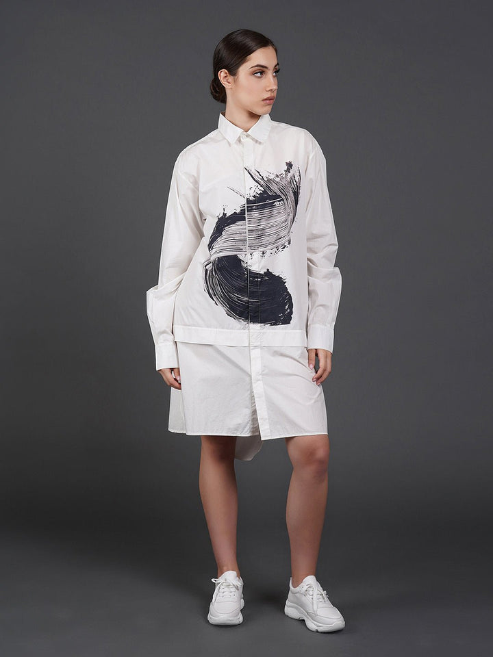 White, stylish, loose - fit, cotton shirt with digital print on it - samantchauhan