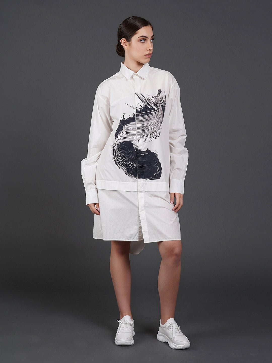 White, stylish, loose - fit, cotton shirt with digital print on it - samantchauhan