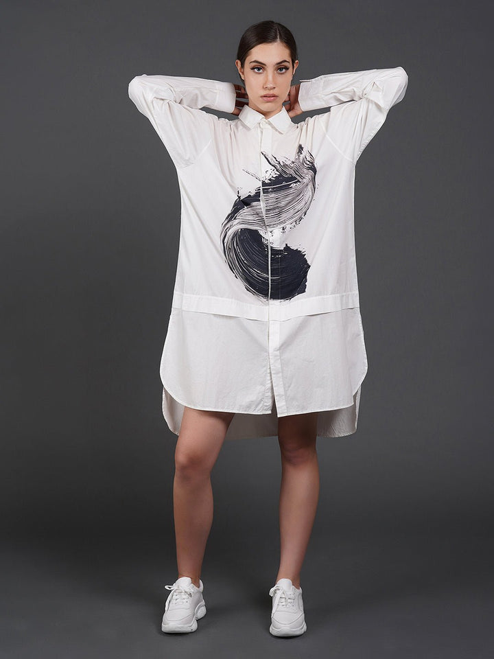 White, stylish, loose - fit, cotton shirt with digital print on it - samantchauhan