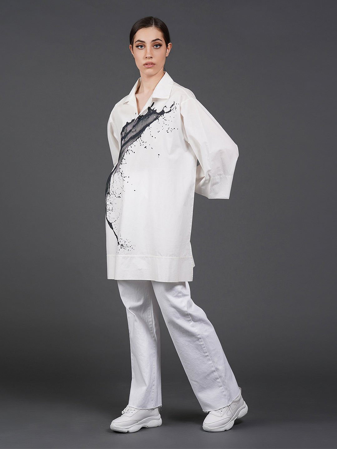 White, stylish, loose - fit, cotton shirt with digital print on it - samantchauhan