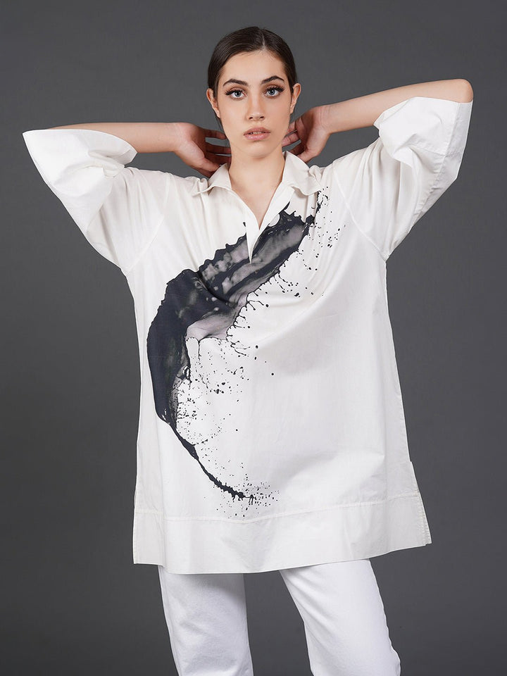 White, stylish, loose - fit, cotton shirt with digital print on it - samantchauhan