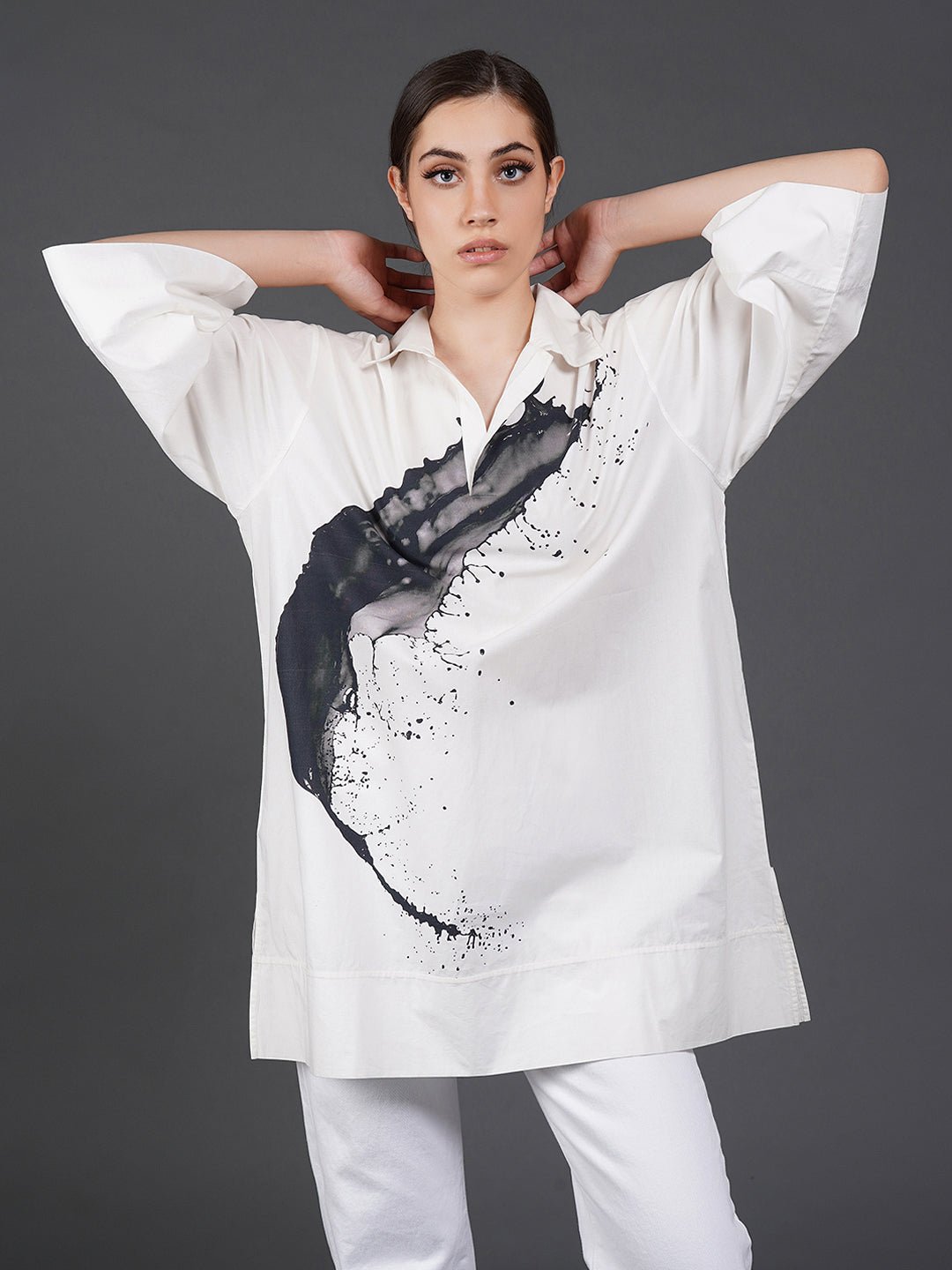 White, stylish, loose - fit, cotton shirt with digital print on it - samantchauhan