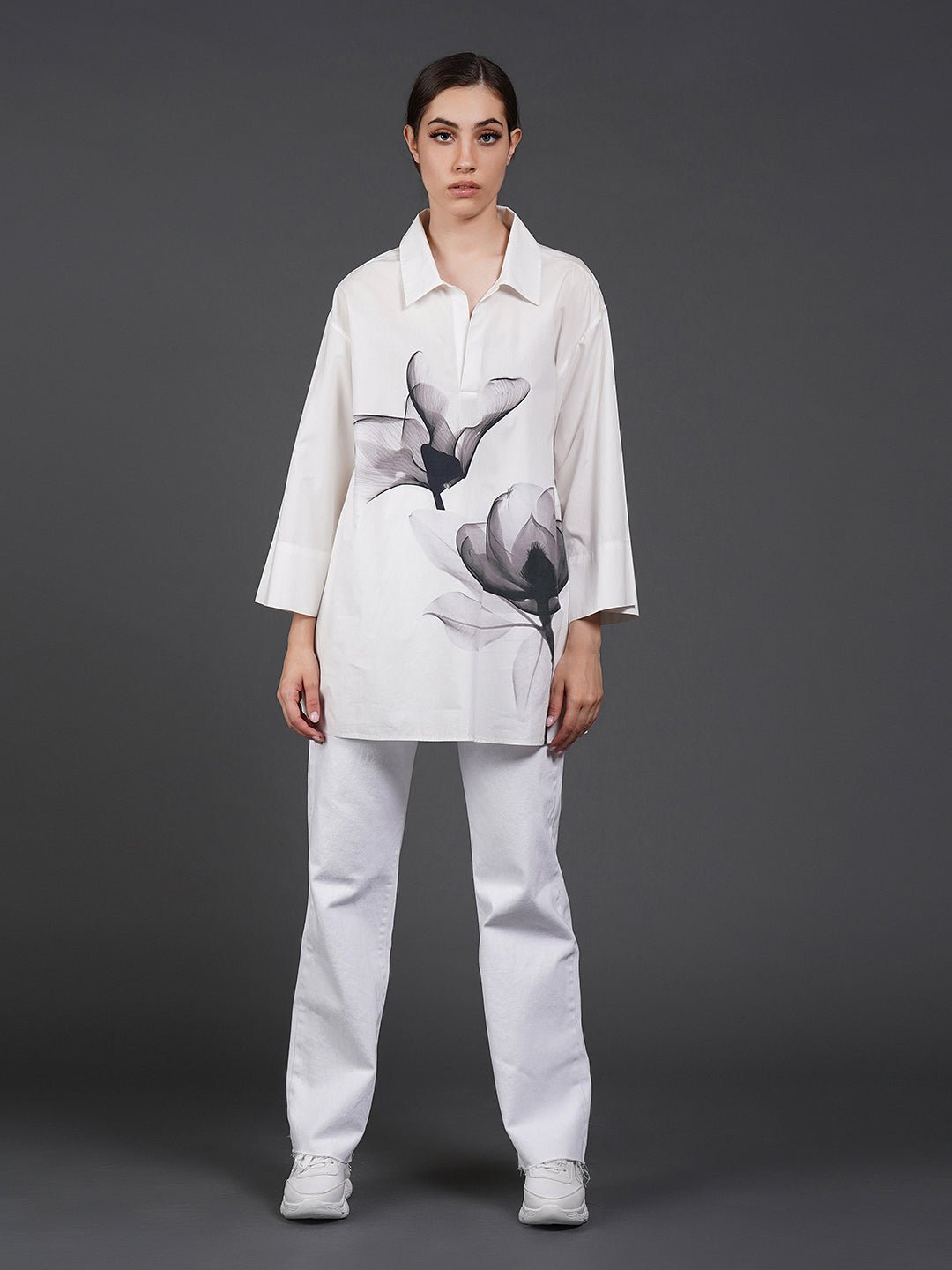 White, stylish, loose - fit, cotton shirt with digital print on it - samantchauhan
