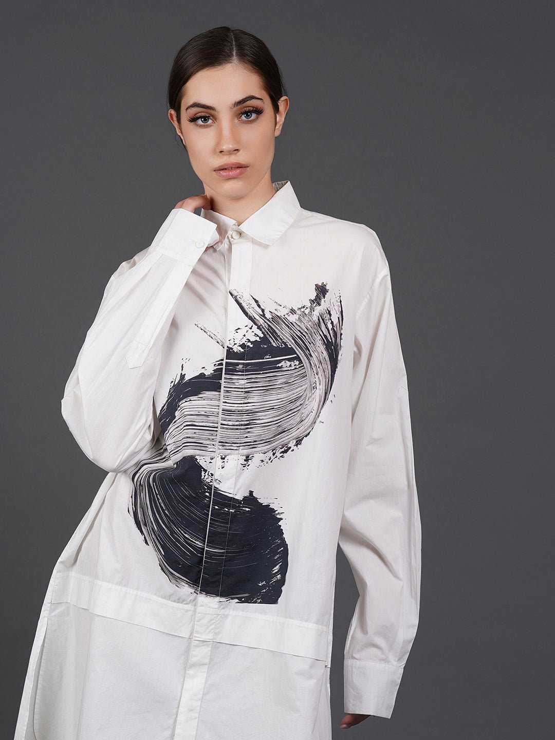 White, stylish, loose - fit, cotton shirt with digital print on it - samantchauhan