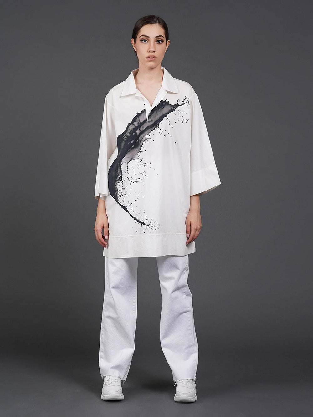 White, stylish, loose - fit, cotton shirt with digital print on it - samantchauhan