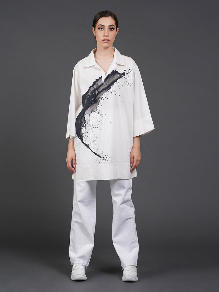 White, stylish, loose - fit, cotton shirt with digital print on it - samantchauhan