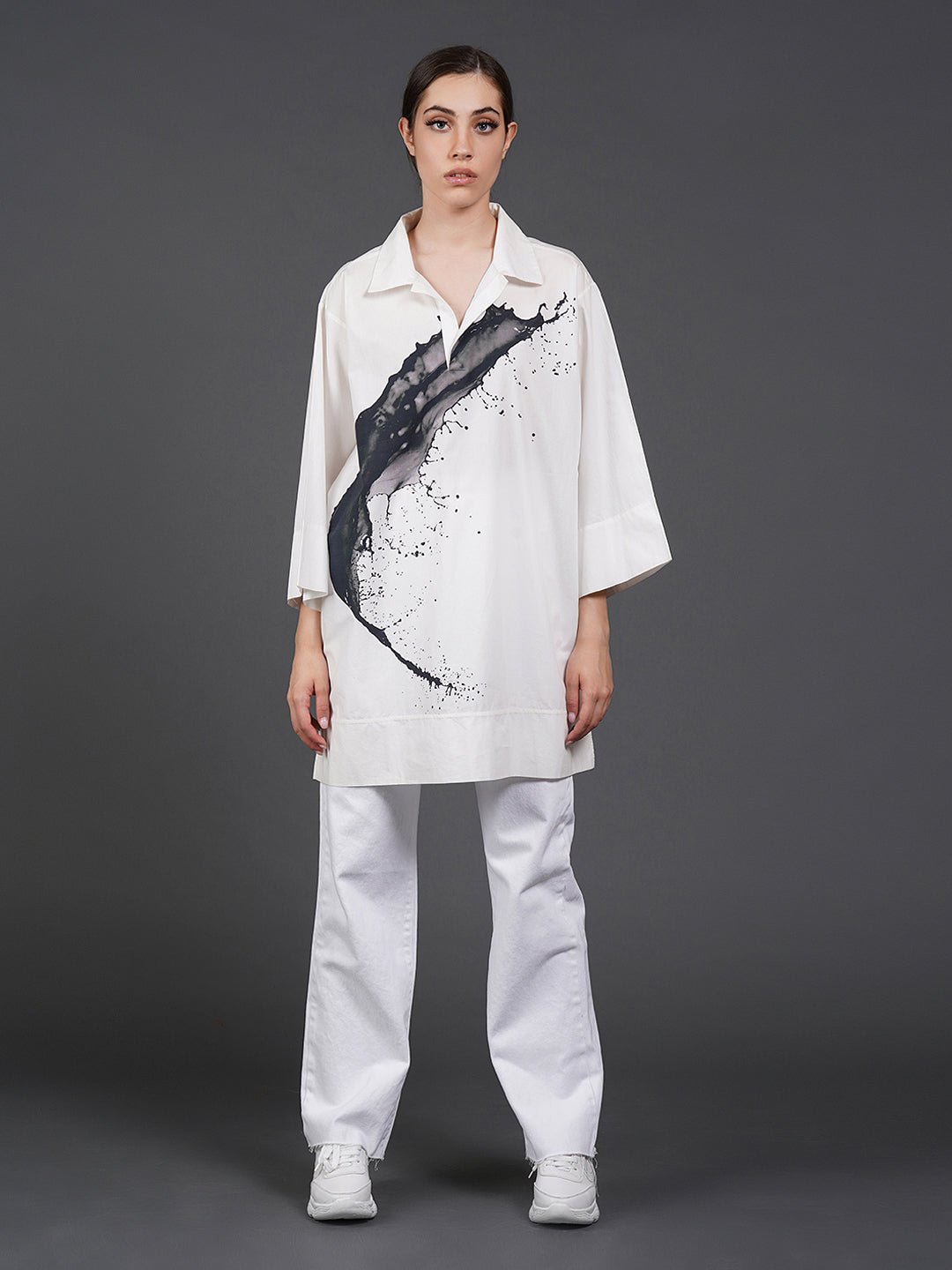 White, stylish, loose - fit, cotton shirt with digital print on it - samantchauhan