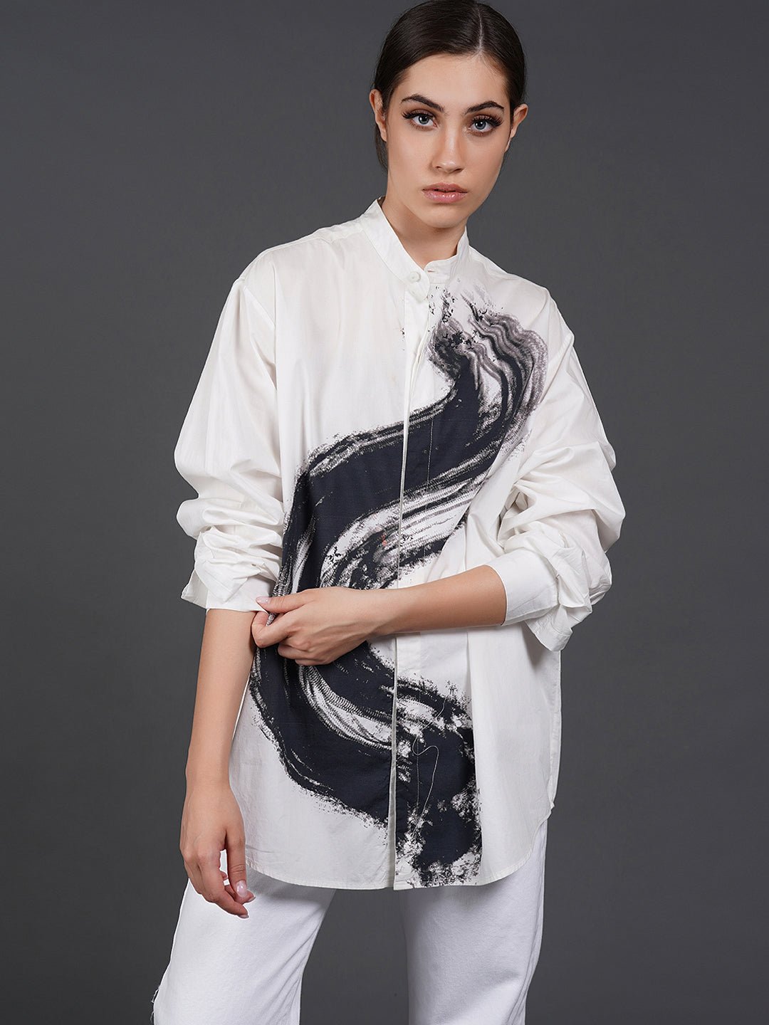White, stylish, lose - fit, cotton shirt with digital print on it - samantchauhan