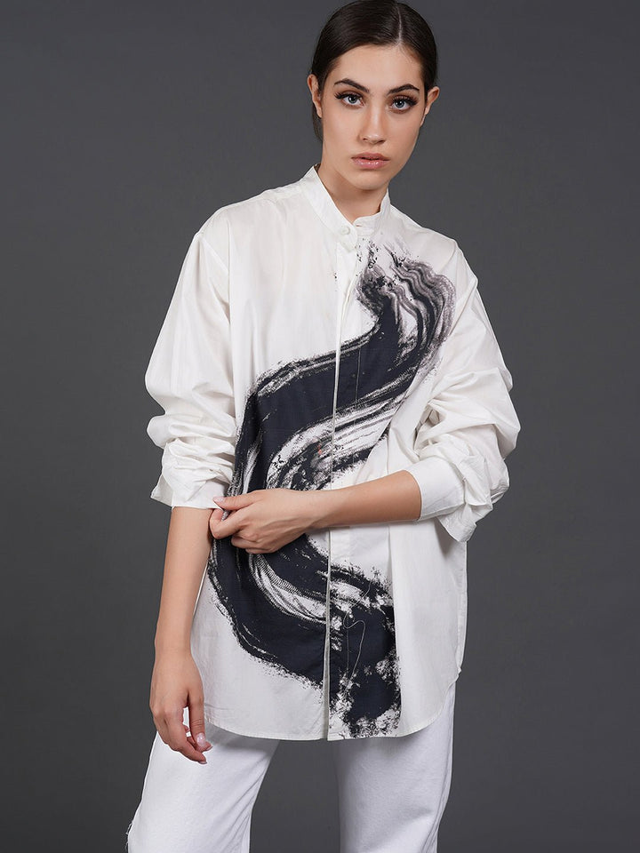 White, stylish, lose - fit, cotton shirt with digital print on it - samantchauhan