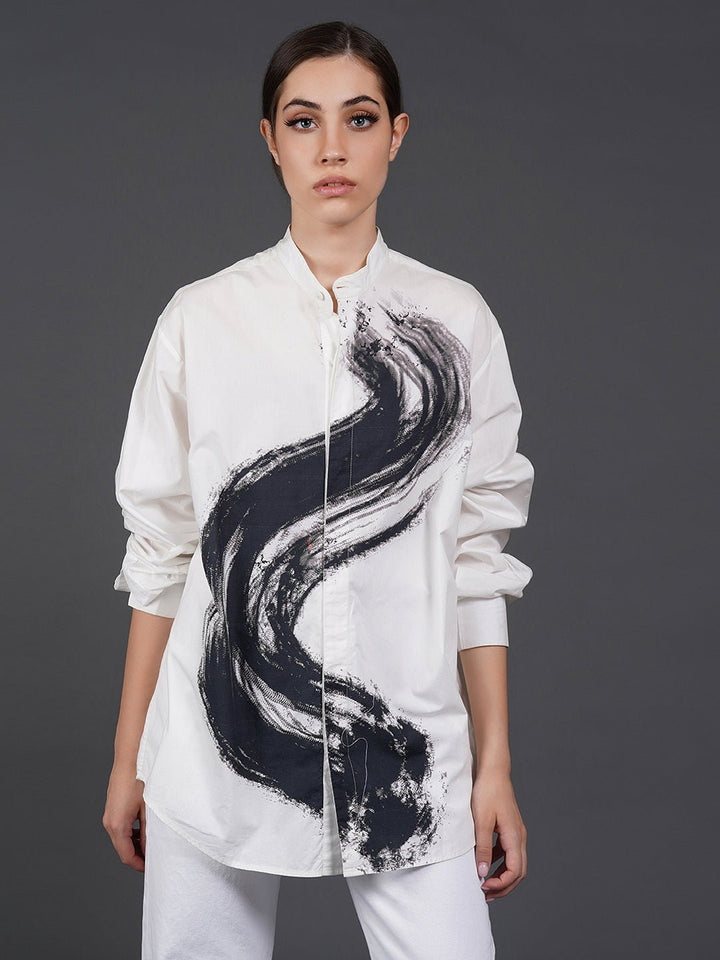 White, stylish, lose - fit, cotton shirt with digital print on it - samantchauhan