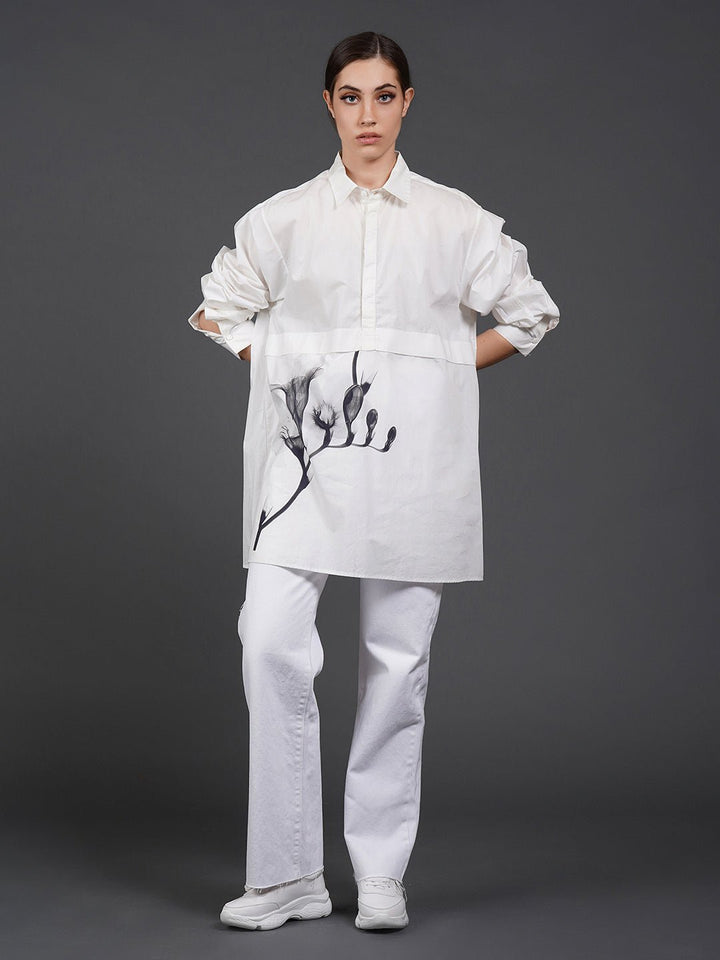 White, stylish, lose - fit, cotton shirt with digital print on it - samantchauhan