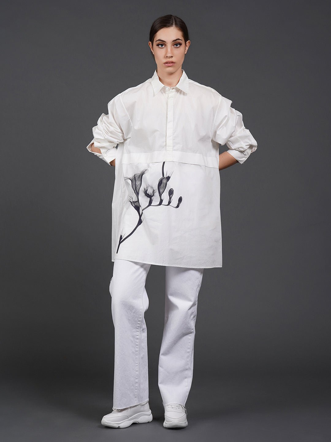 White, stylish, lose - fit, cotton shirt with digital print on it - samantchauhan
