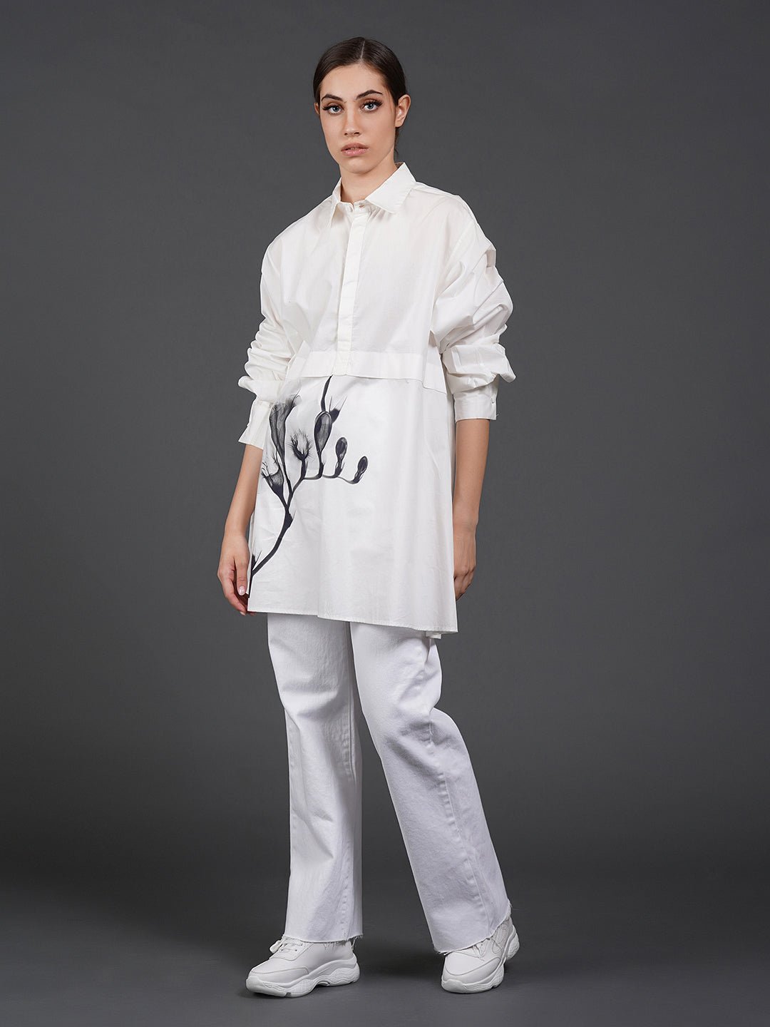White, stylish, lose - fit, cotton shirt with digital print on it - samantchauhan