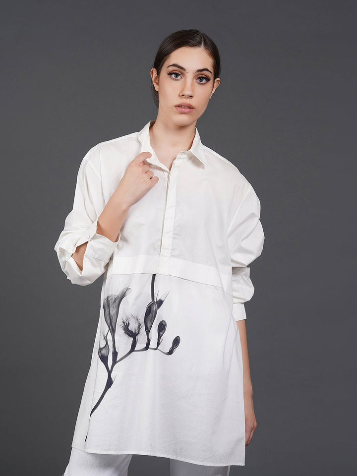 White, stylish, lose - fit, cotton shirt with digital print on it - samantchauhan