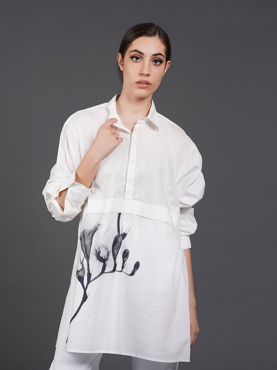 White, stylish, lose - fit, cotton shirt with digital print on it - samantchauhan