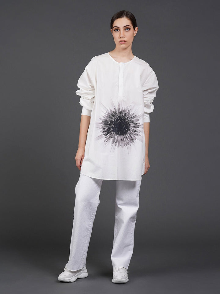 White, stylish, lose - fit, cotton shirt with digital print on it - samantchauhan