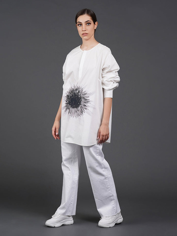 White, stylish, lose - fit, cotton shirt with digital print on it - samantchauhan