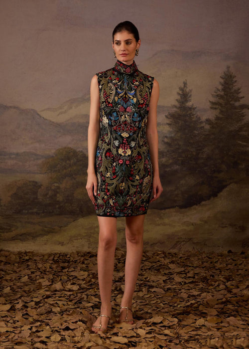 A elegant high-neck multicolored floral mini dress