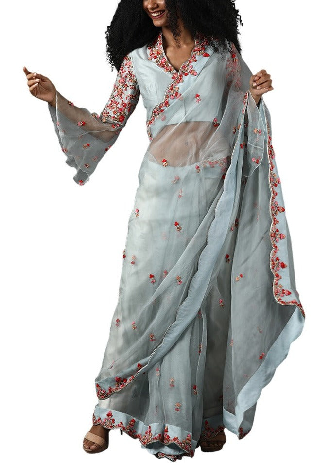 Light blue organza silk saree set with pink embroidery