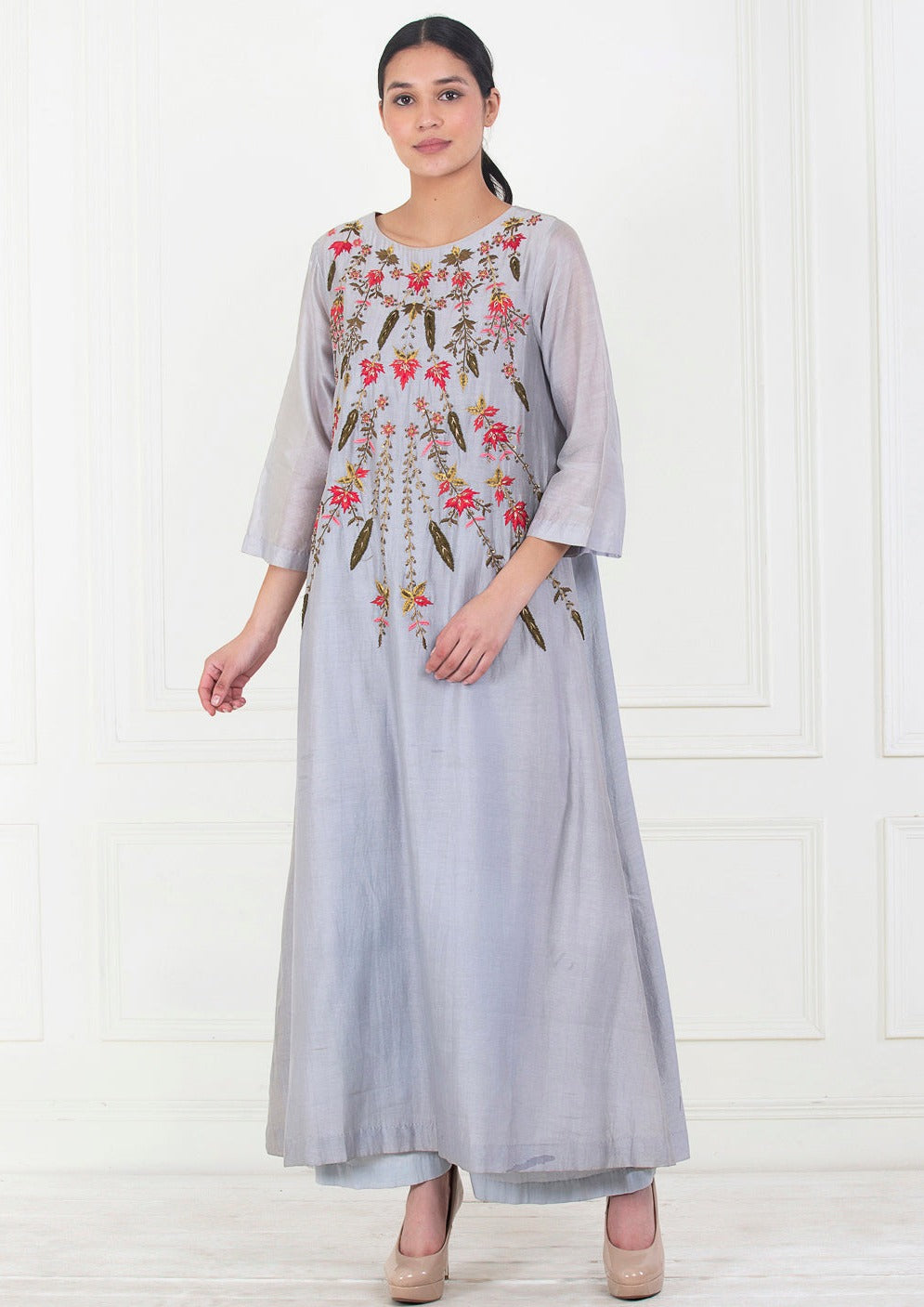 Blue cotton silk kurta that is embroidered from the neck till the waist