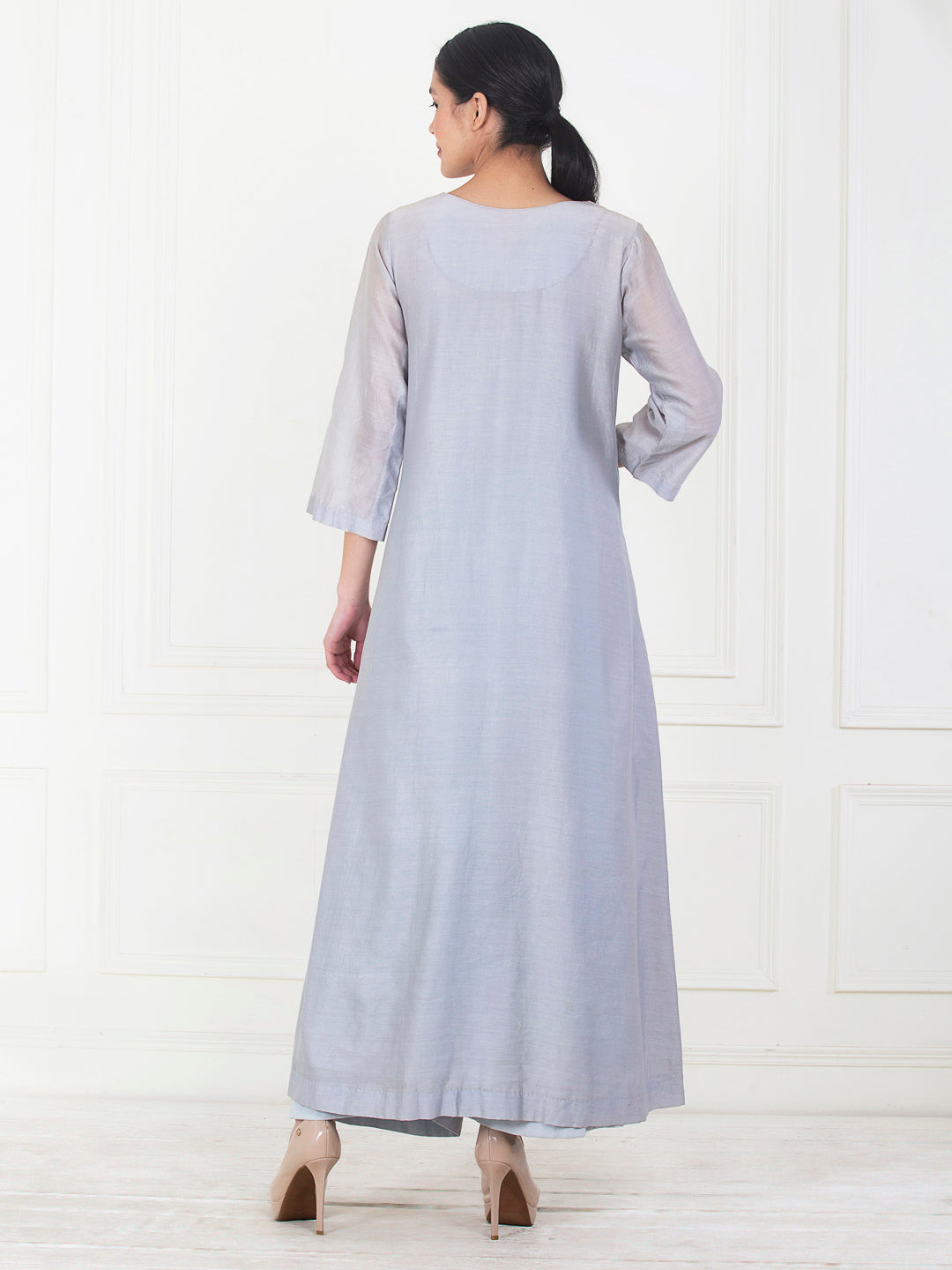 Blue cotton silk kurta that is embroidered from the neck till the waist