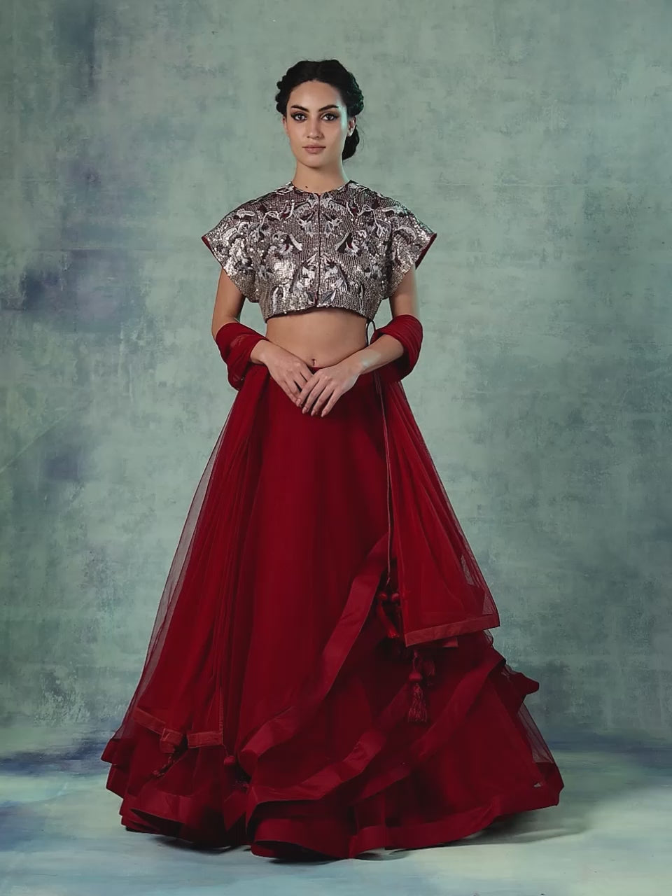 A Cotton Silk Lehenga Set With Organza Dupatta