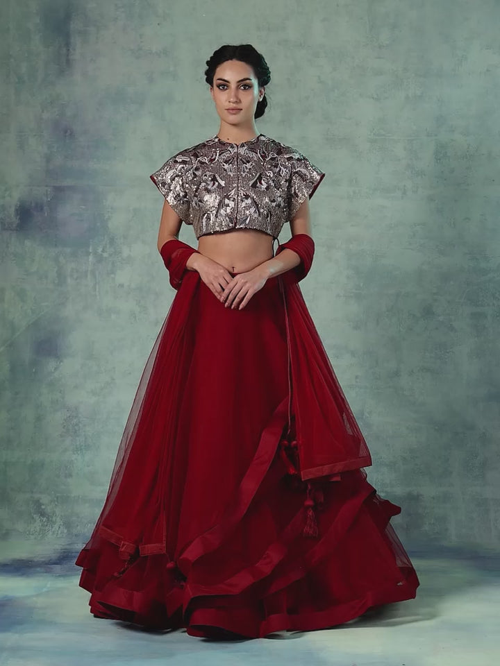 A Cotton Silk Lehenga Set With Organza Dupatta