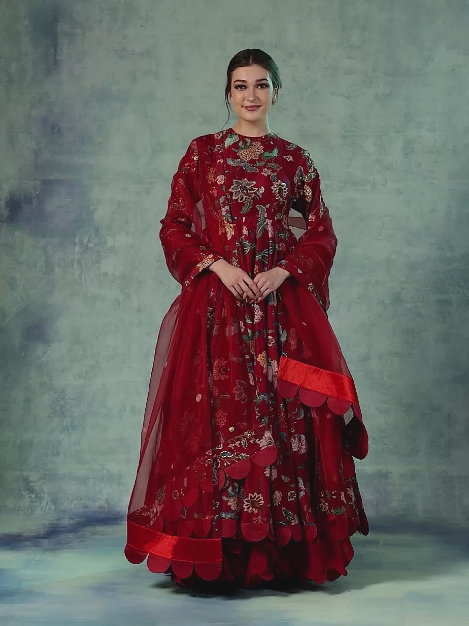A cotton silk Anarkali gown with attached cotton slip and organza Dupatta