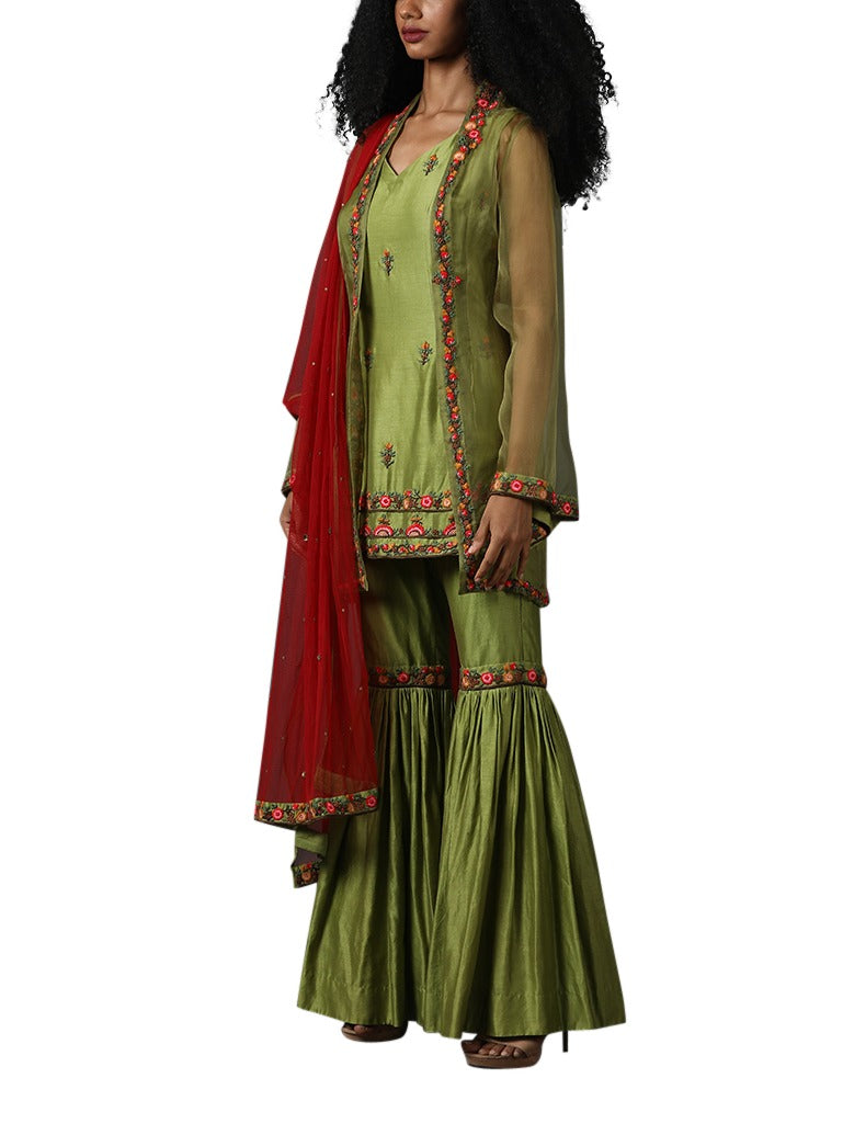 Green cotton silk sarara set with red dupatta