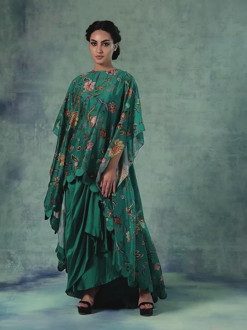 Printed cotton silk kaftaan with a drape skirt