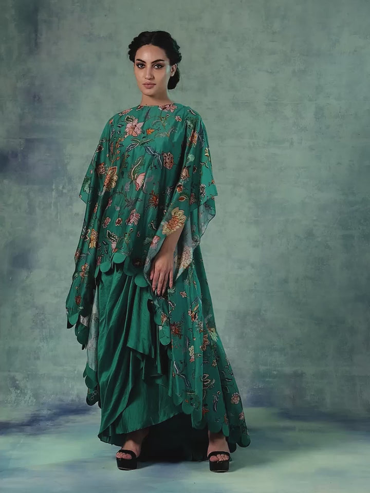 Printed Cotton Silk Kaftaan With A Drape Skirt