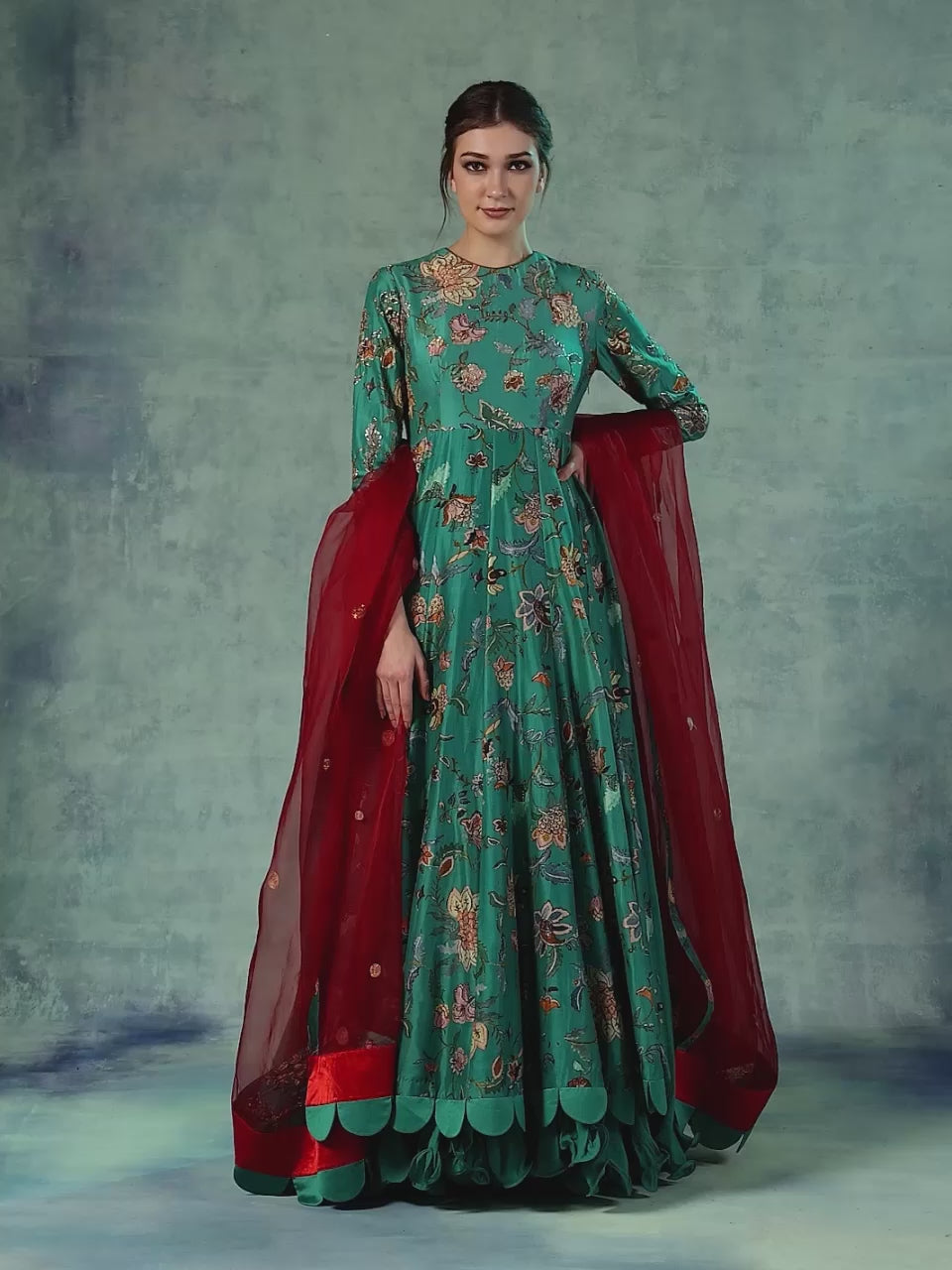 A cotton silk Anarkali gown with attached cotton slip and organza Dupatta