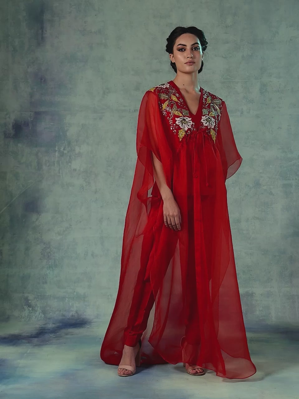 Cotton Silk Pant And Top Topped With Organza Kaftaan.
